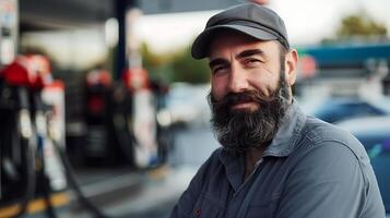 A bearded man wearing a grey cap and shirt, stands in front of a gas station with a blurred background. photo