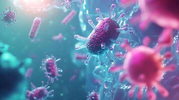 3D rendering of viruses, close-up, with blue and pink color scheme. photo