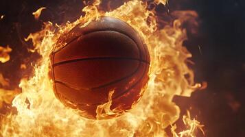 A basketball engulfed in flames, creating a dramatic image of passion and intensity. photo