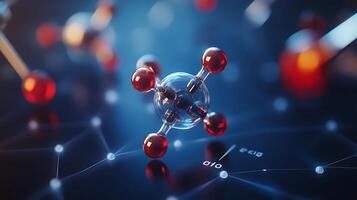 A 3D rendering of a molecule with red and white atoms connected by lines, floating against a blue background with a glowing digital network. photo