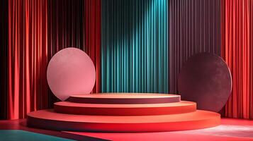 A 3D rendering of a red and blue podium against a red and blue curtain backdrop. photo