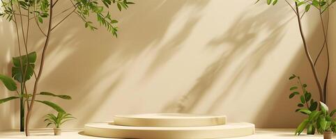 A beige podium with two steps sits on a beige background with two plants and the shadows of leaves. photo