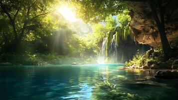 A beautiful waterfall cascades into a serene turquoise pool in a lush green jungle. Sunlight streams through the canopy, illuminating the mist rising from the water. photo