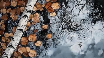 A birch tree trunk lies on the water with ripples and fallen leaves. photo