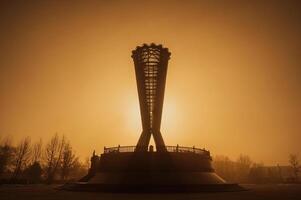 SHYMKENT, KAZAKHSTAN - JANUARY 20, 2024. Monument Altyn Shanyrak in Independence Park in Shymkent city in Kazakhstan at dawn in morning photo