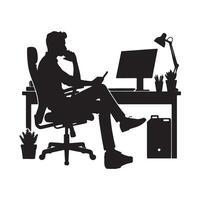 Man Sitting on An Office Chair and working on a computer with office table desk, office work, Work from home silhouette on white background vector