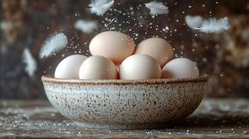 A bowl of brown and white eggs with feathers and flour falling around them. photo