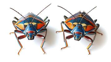 Two colorful beetles, one facing left and one facing right, isolated on a white background. photo