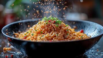A bowl of steaming noodles with sesame seeds and green onions sprinkled on top. photo