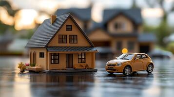 Toy house and car on table, with houses blurred in background. photo