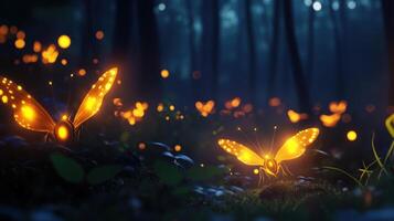 Two glowing butterflies in a dark forest with fireflies in the background. photo