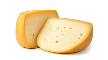 Two slices of yellow cheese with holes isolated on white background. photo