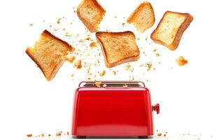Toasted bread flying out of a red toaster with crumbs scattered around. photo