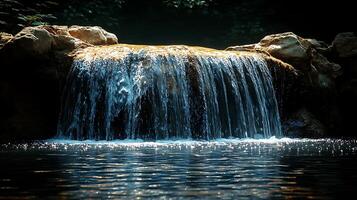 Tranquil waterfall cascading over rocks into a still pool of water with sunlight reflecting on the water's surface. photo