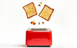Two pieces of toasted bread floating above a red toaster with crumbs falling. photo