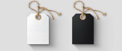Two blank tag labels, one white and one black, both with a twine string and a wooden ring. photo