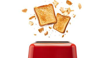 Two slices of toasted bread flying up from a red toaster with crumbs scattered in the air. photo