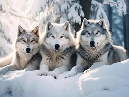 Polar wolves resting and posing in snowy landscape. Winter time photo