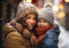 Child on mother's lap dressed in warm clothes in a woolen hat and scarf, on the street with falling snow. Winter time photo