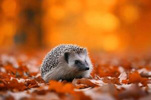 Wild cute hedgehog autumn fall leaves close up discovery, wallpaper, greeting card photo