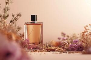 Mockup of elegant perfume bottle surrounded by vibrant dry wildflowers in a soft light setting, natural beauty and fragrance photo