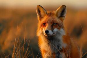 Red fox in a field of dry grass at sunset. Portrait of a wild fox photo