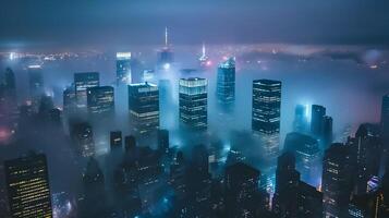 Misty city skyline at dusk with illuminated skyscrapers and city lights - futuristic urban life photo