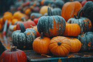 Pumpkins market in the autumn. Different autumn shapes and kinds of pumpkins in wooden containers at farm house. photo