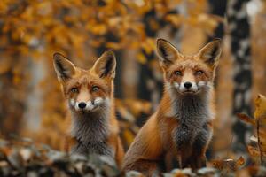 Portrait of two fluffy red foxes in a bright autumn forest. Yellow autumn leaves photo