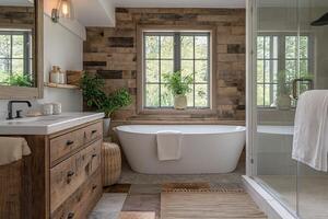 Modern bathroom in a farmhouse with elements of stone and wood. White and gray shades photo