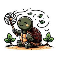 Cartoon turtle icon design enjoying breeze with hand fan with leaf vert illustration vector