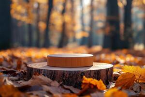 Minimalist wood podium surrounded by vibrant autumn leaves, product showcase in autumn seasonal theme photo