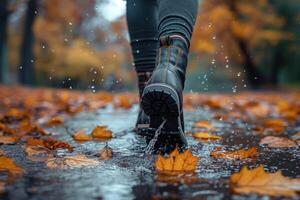 Woman walking through a puddle covered in autumn leaves during a rainy day in a park photo