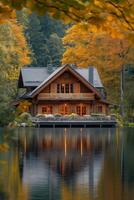Wooden house in autumn forest on the shore of the lake. photo