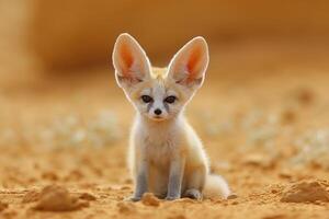 Cute young fennec fox sits on sandy ground surrounded by autumn foliage in a desert environment photo
