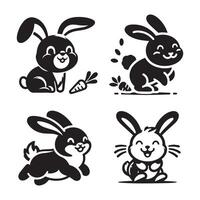 Set of Cute Rabbit Black silhouette Cartoon Bunny Illustrations in Playful Poses with Carrot vector