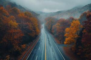 Asphalt road through an autumn misty forest, mountains. Travelling in the autumn time photo
