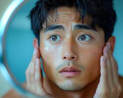 A man is looking into a mirror and wiping his face with a towel photo
