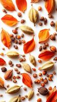 A close up of various spices and seeds, including some orange and yellow ones photo