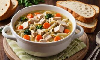 Hearty Chicken Noodle Soup with Bread photo