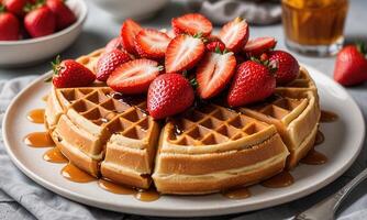 Strawberry Topped Waffles with Syrup photo