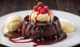 Decadent Chocolate Lava Cake with Vanilla Ice Cream and Raspberries photo