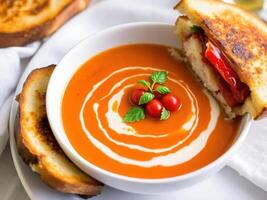 cremoso tomate sopa con A la parrilla queso emparedado foto