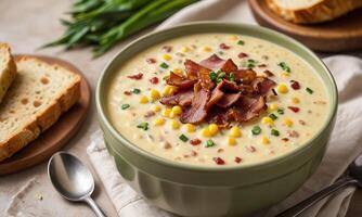cremoso maíz sopa de pescado con tocino foto