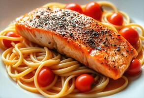 Grilled Salmon on a Bed of Spaghetti with Cherry Tomatoes photo