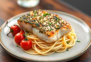 Gourmet Herb-Crusted Salmon on a Bed of Spaghetti photo
