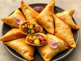 Savory Stuffed Samosas on a Plate photo