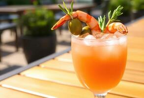 a cocktail with shrimp and olives on the side photo