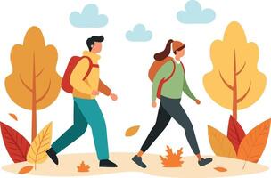 Two people hiking through an autumn forest surrounded by colorful trees and scattered leaves vector