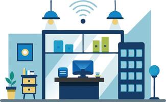 Modern home office illustration featuring a desk, computer, and decorative elements vector